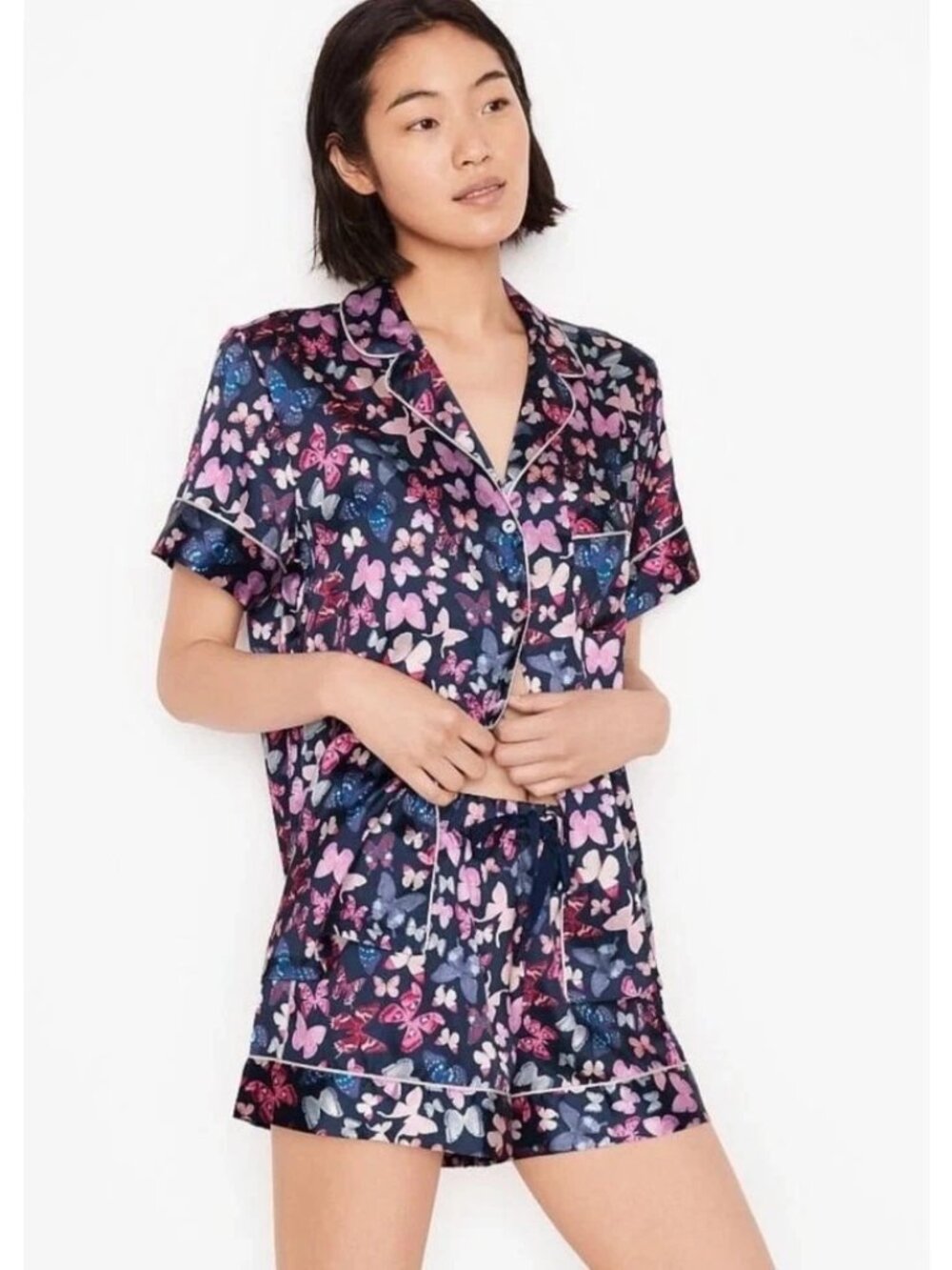 Victoria's Secret Butterfly Satin Pajama Top Black Purple Blue- size Small